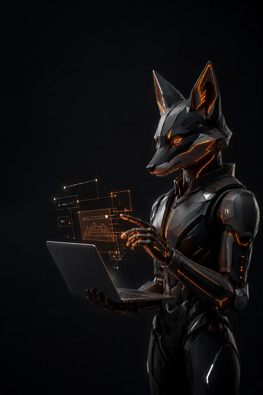 Mascote robótico da Foxfy trabalhando com um notebook